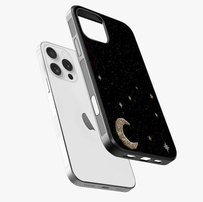 Twinkle Star With Half Moon Glass Case laid diagonally highlighting side profile, edges and glossy glass shine.