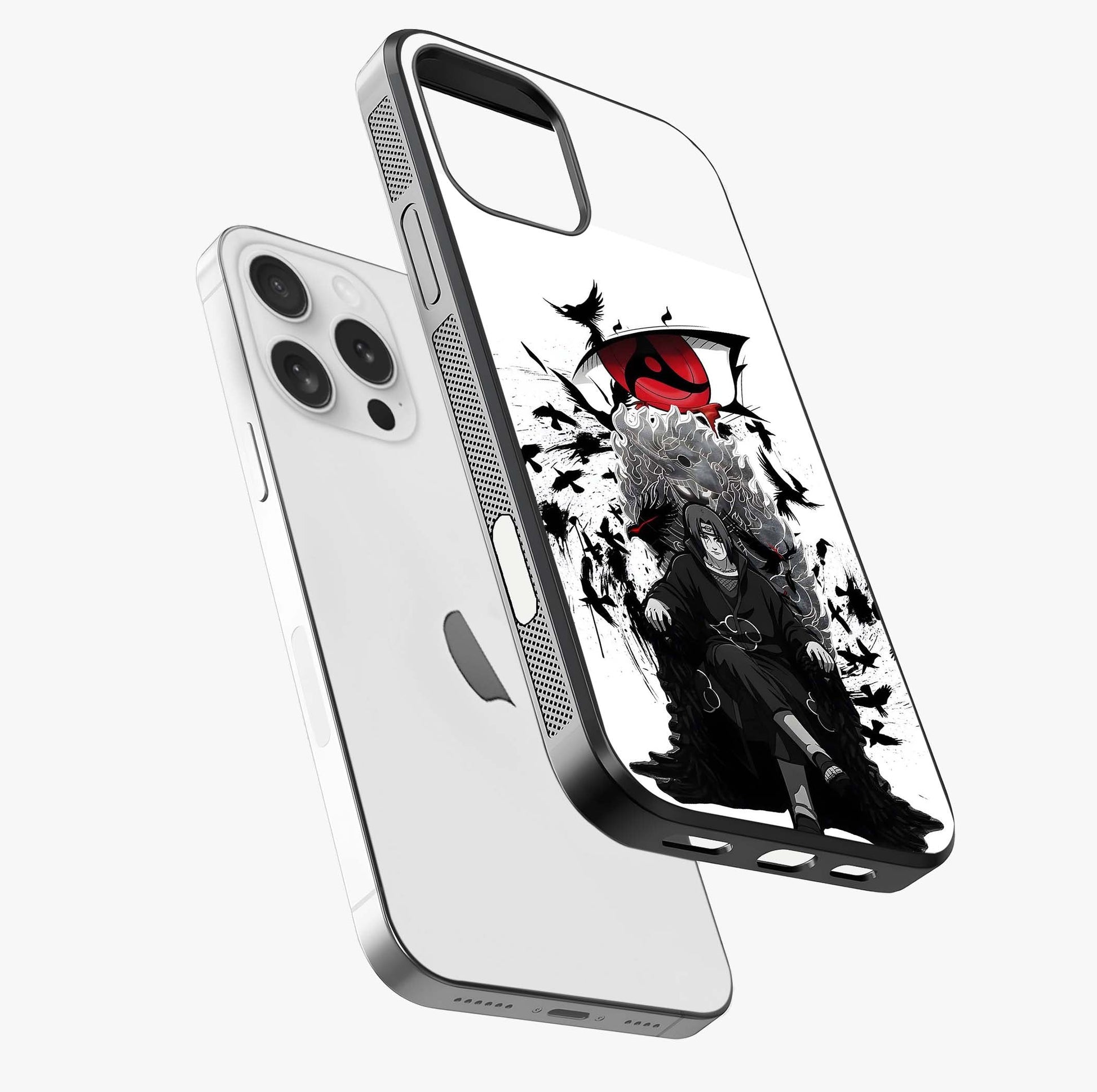 Uchiha Shadow Throne Glass Case laid diagonally highlighting side profile, edges and glossy glass shine.