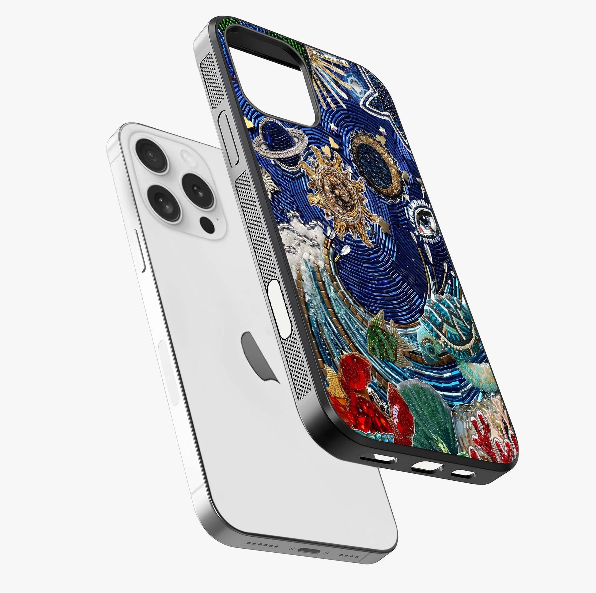 Universe Underwater Spark Glass Case laid diagonally highlighting side profile, edges and glossy glass shine.