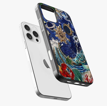 Universe Underwater Spark Glass Case laid diagonally highlighting side profile, edges and glossy glass shine.