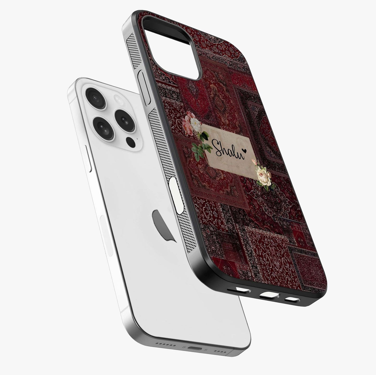 Velvet Wine Pattern Custom Name Glass Case laid diagonally highlighting side profile, edges and glossy glass shine.
