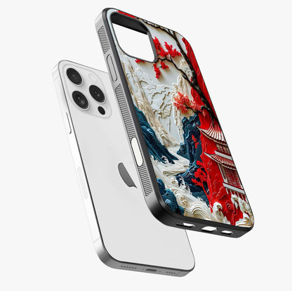 Whispers Of Sakura Waves Glass Case laid diagonally highlighting side profile, edges and glossy glass shine.