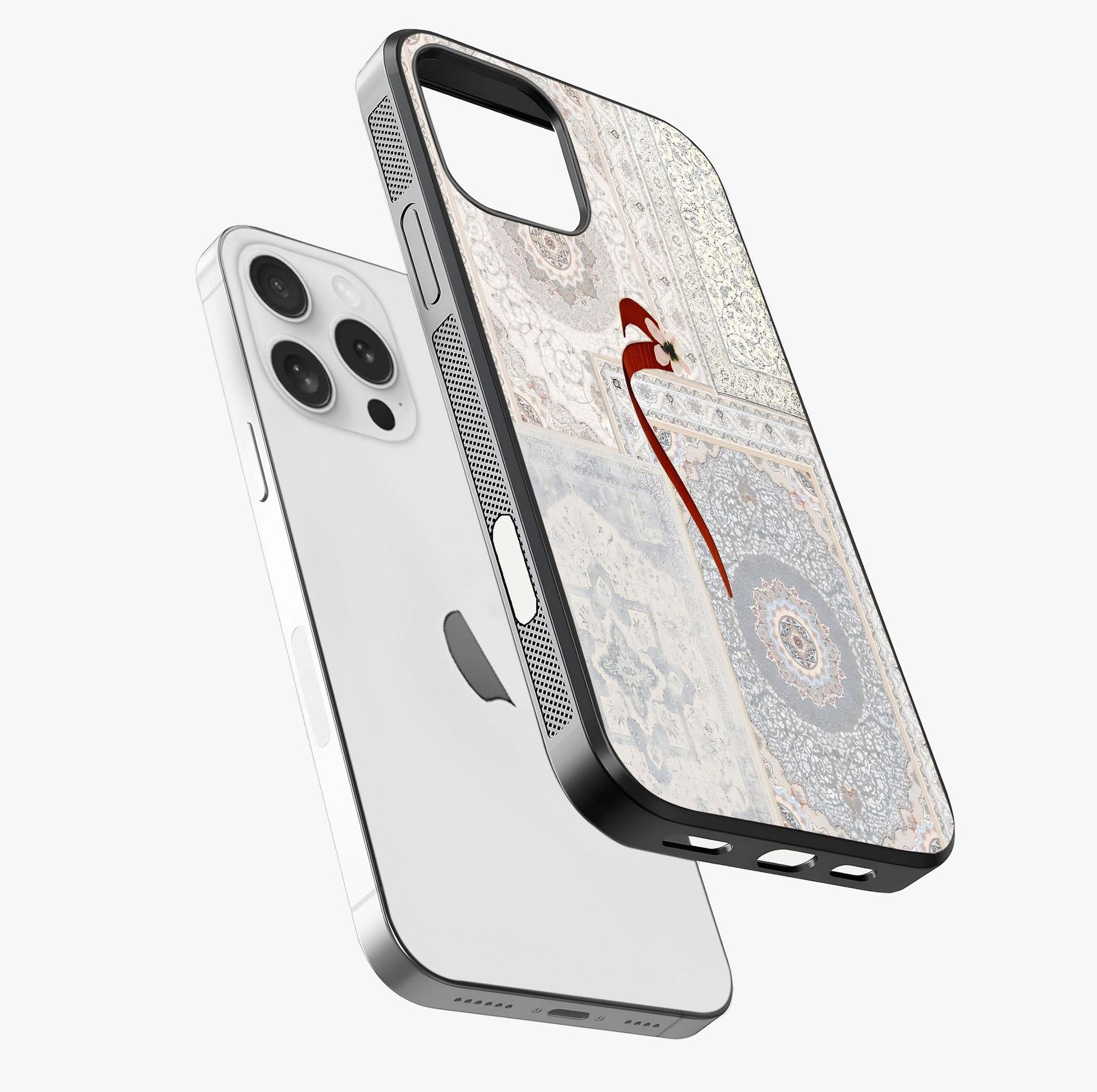 White Aesthetic Bow Glass Case laid diagonally highlighting side profile, edges and glossy glass shine.
