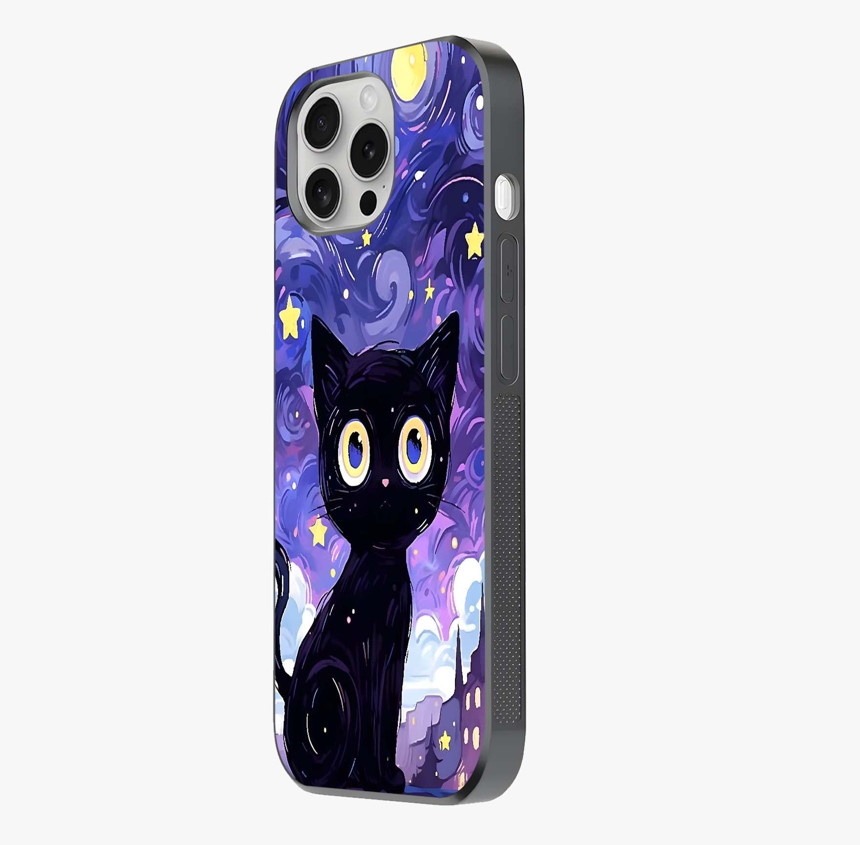 Abstract Cat Art Glass Case photographed in natural light showing reflective finish and design depth.