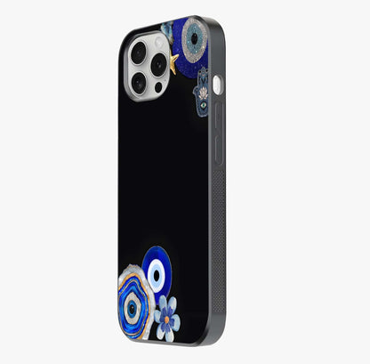 Aesthetic Blue Evil Eye Glass Case photographed in natural light showing reflective finish and design depth.