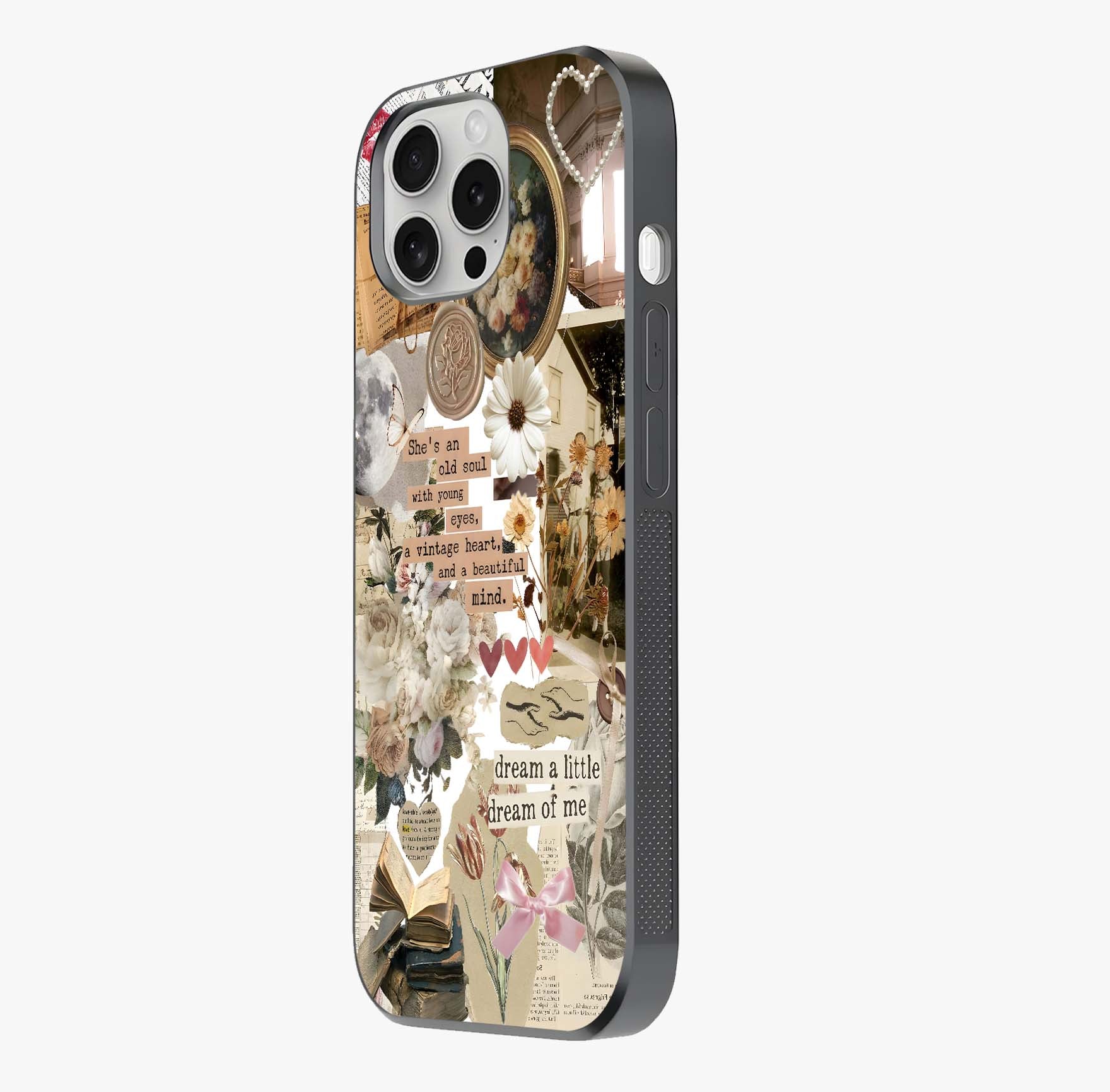 Aesthetic Brown Vintage Collage Glass Case photographed in natural light showing reflective finish and design depth.