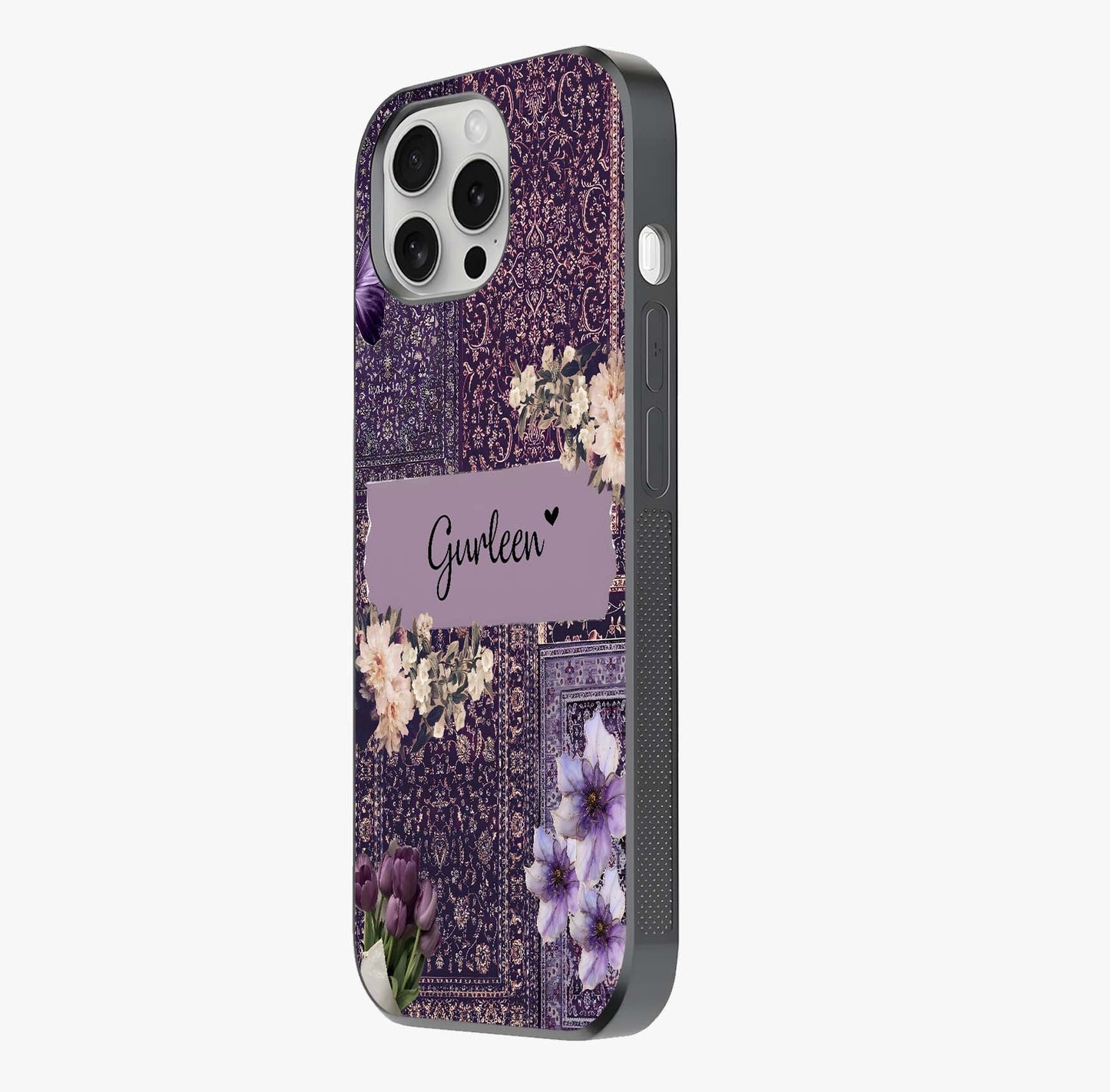 Antique Floral Whisper Custom Name Glass Case photographed in natural light showing reflective finish and design depth.