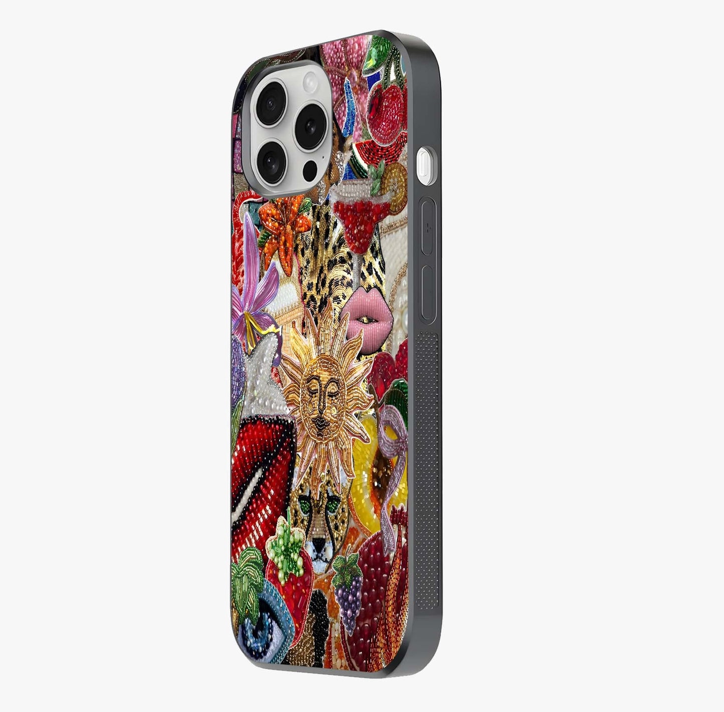 Beaded Fashion Jungle Glass Case photographed in natural light showing reflective finish and design depth.