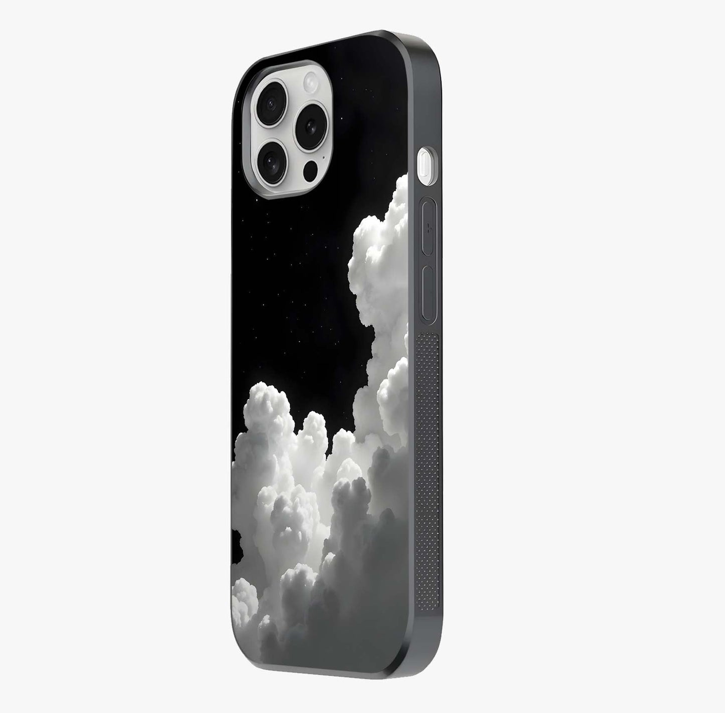 Black Background With White Cloud Glass Case photographed in natural light showing reflective finish and design depth.