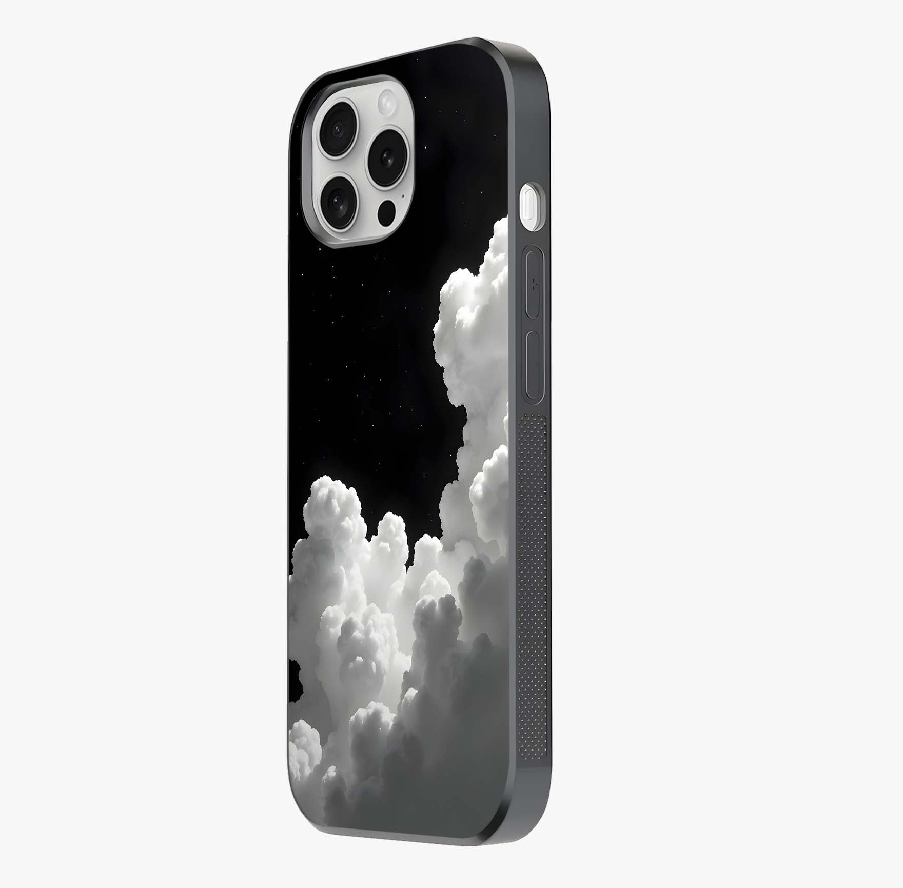 Black Background With White Cloud Glass Case photographed in natural light showing reflective finish and design depth.