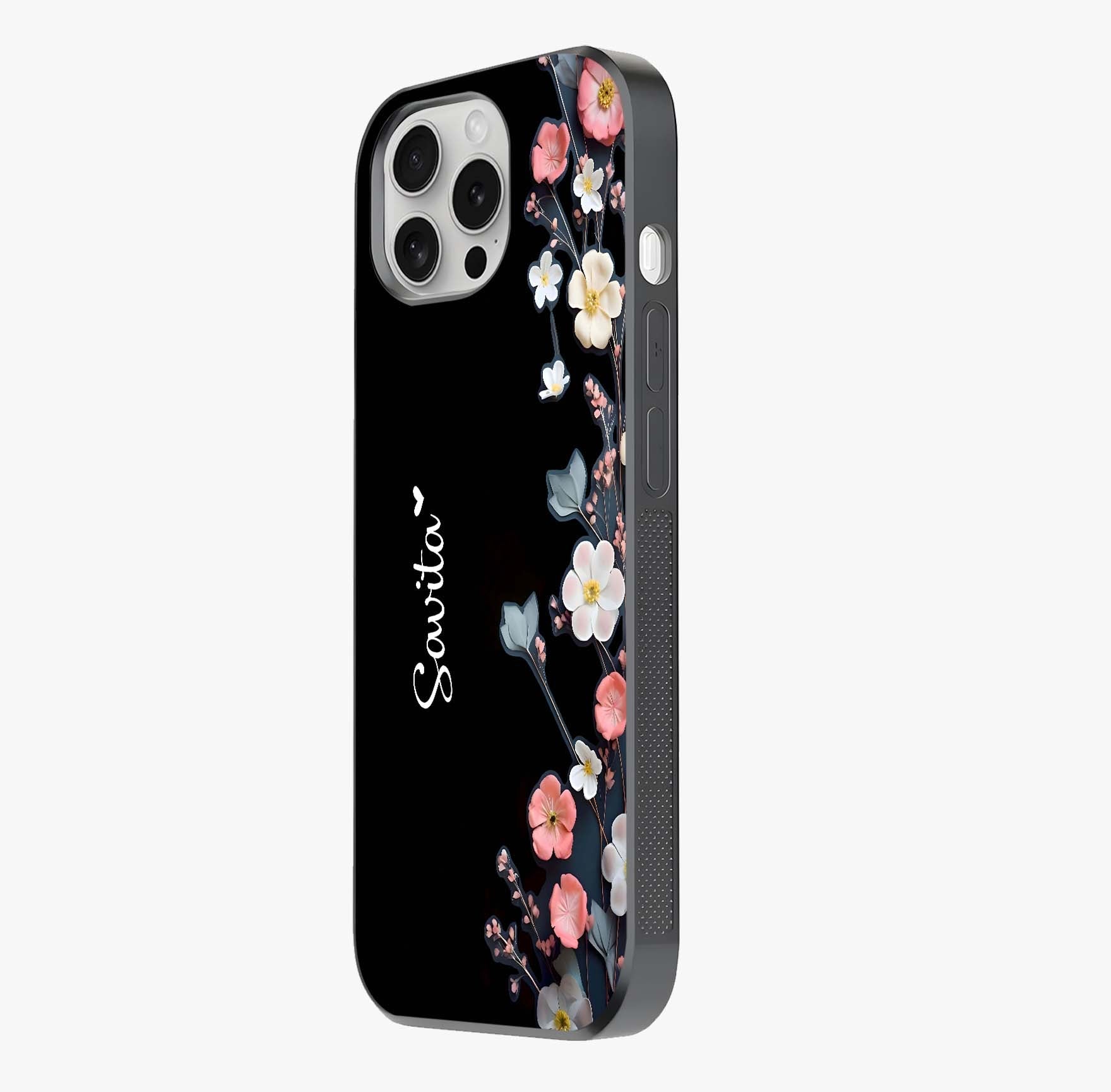 Black Elegance Floral Custom Name Glass Case photographed in natural light showing reflective finish and design depth.