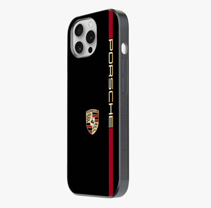 Black Minimal Porsche Glass Case photographed in natural light showing reflective finish and design depth.