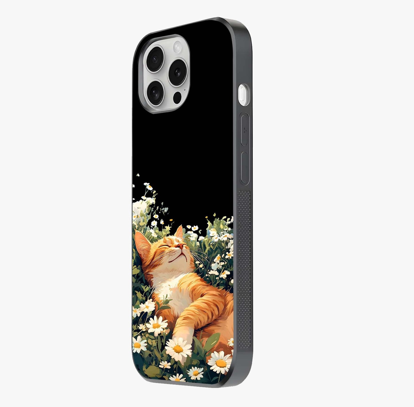 Blissful Bloom Cat Glass Case photographed in natural light showing reflective finish and design depth.