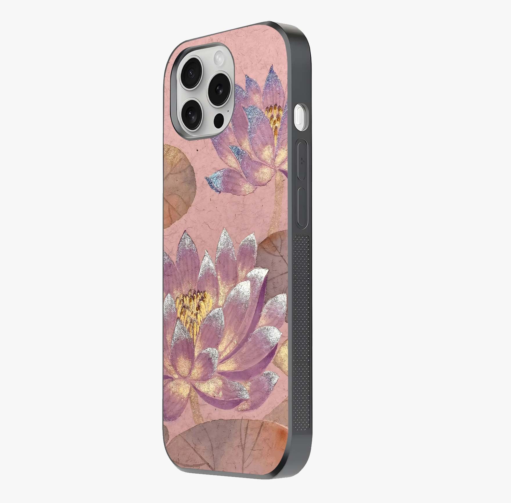 Blossom Mist Lotus Glass Case photographed in natural light showing reflective finish and design depth.
