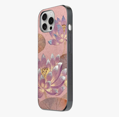 Blossom Mist Lotus Glass Case photographed in natural light showing reflective finish and design depth.