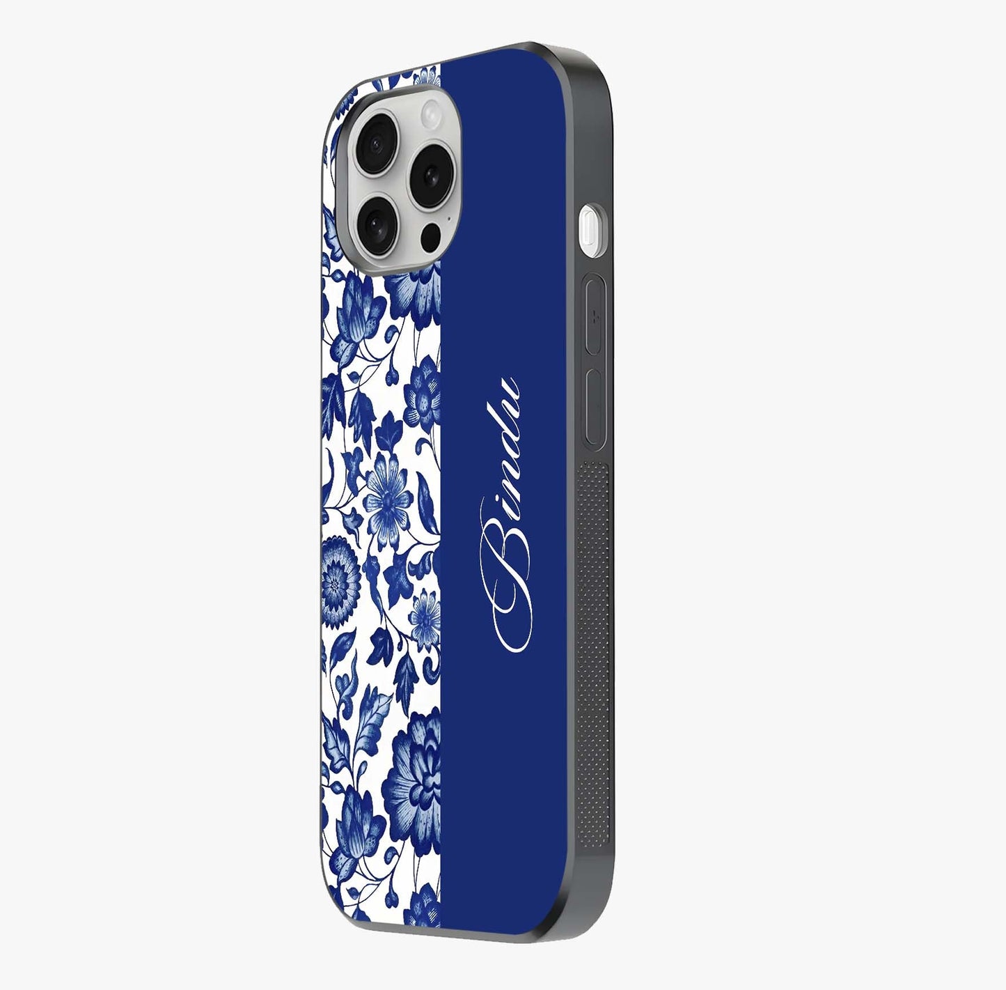 Blue Vintage Floral Pattern Glass Case photographed in natural light showing reflective finish and design depth.