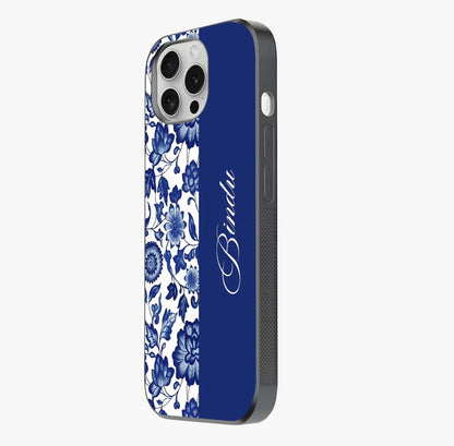 Blue Vintage Floral Pattern Glass Case photographed in natural light showing reflective finish and design depth.