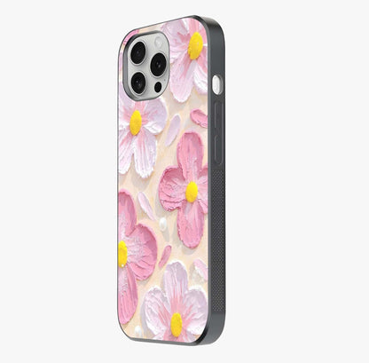 Blush Bloom Texture Glass Case photographed in natural light showing reflective finish and design depth.