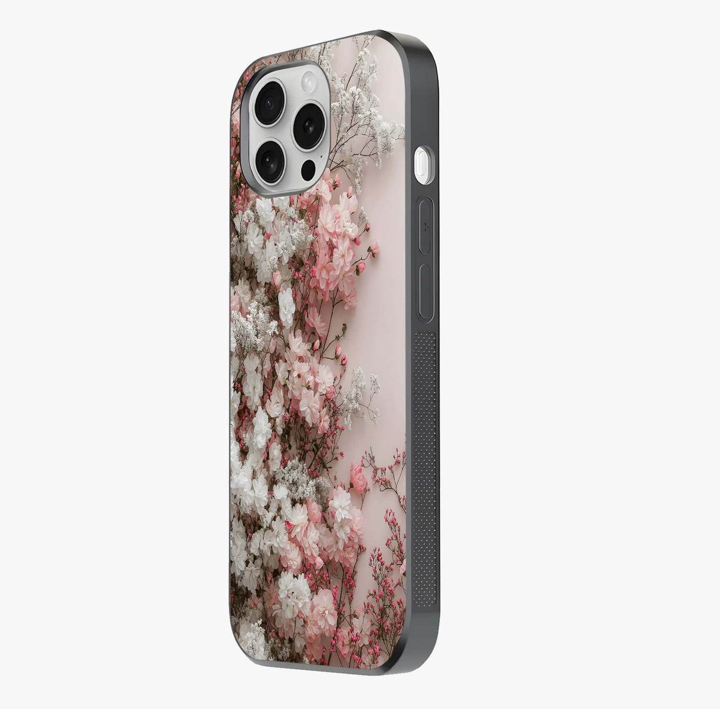 Blush Blossom Cloud Glass Case photographed in natural light showing reflective finish and design depth.