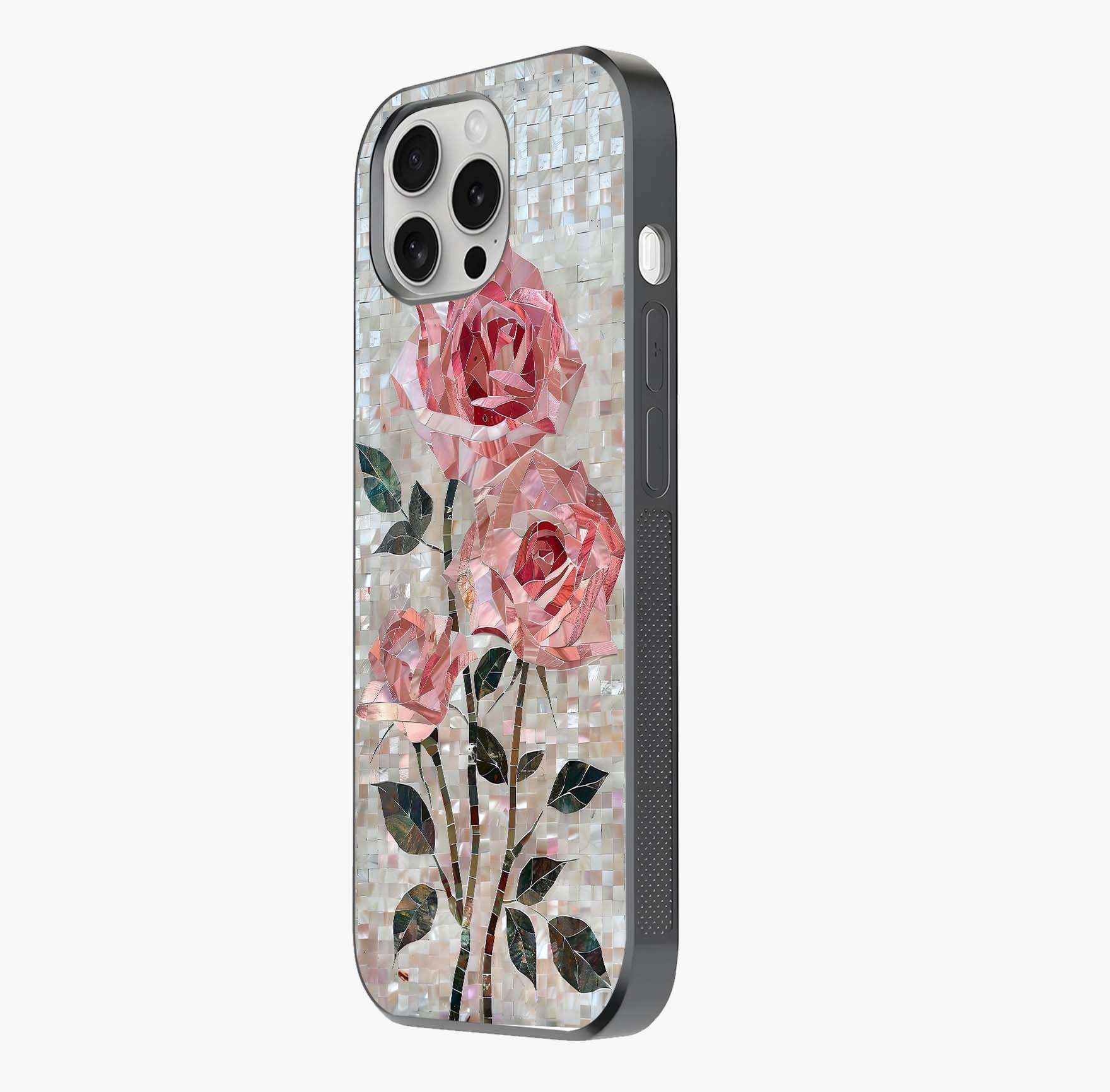 Blush Mosaic Bloom Glass Case photographed in natural light showing reflective finish and design depth.