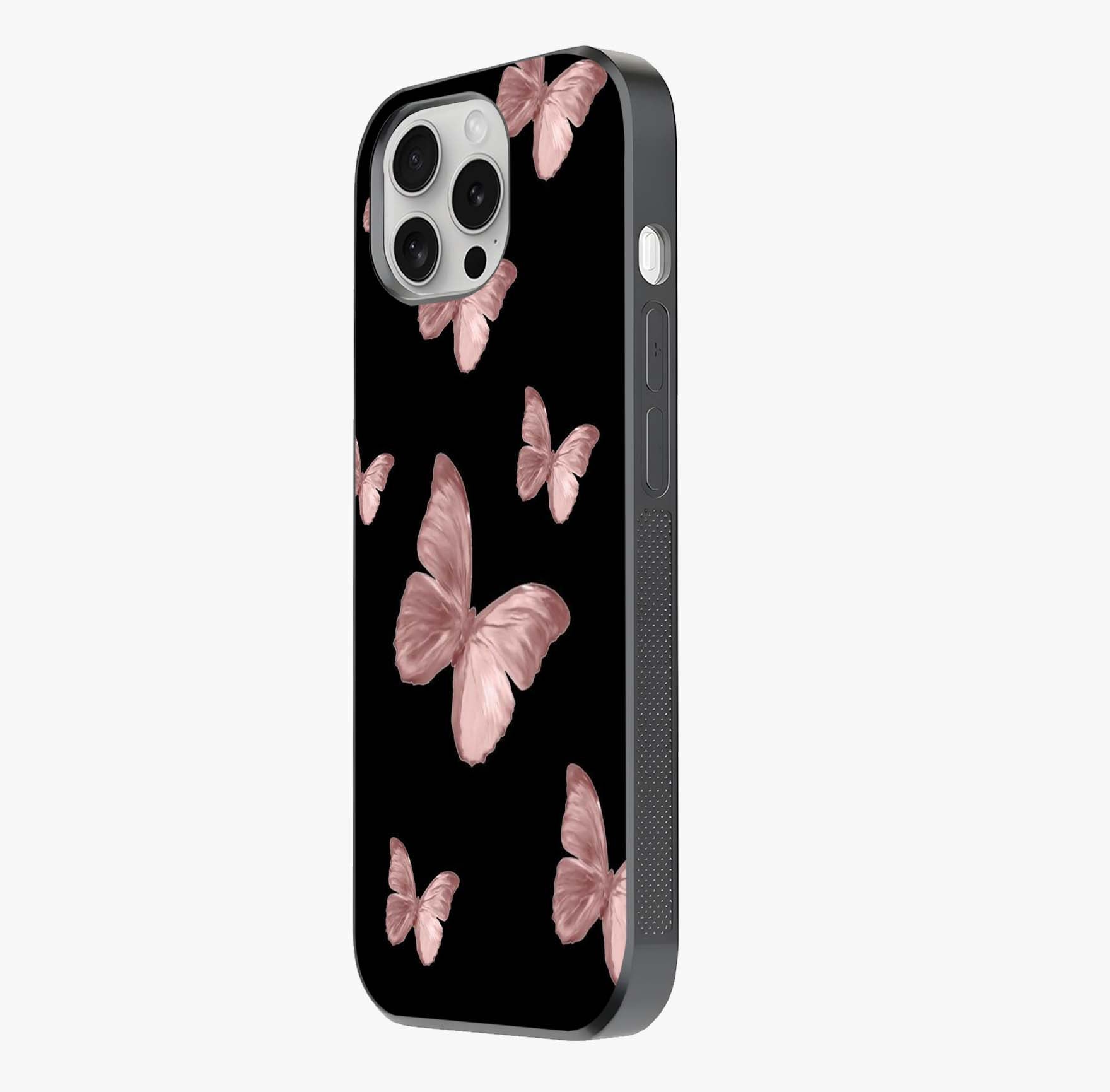 Butterfly Pattern Glass Case photographed in natural light showing reflective finish and design depth.