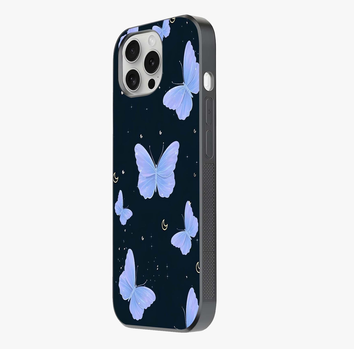 Butterfly With Stars Pattern Glass Case photographed in natural light showing reflective finish and design depth.