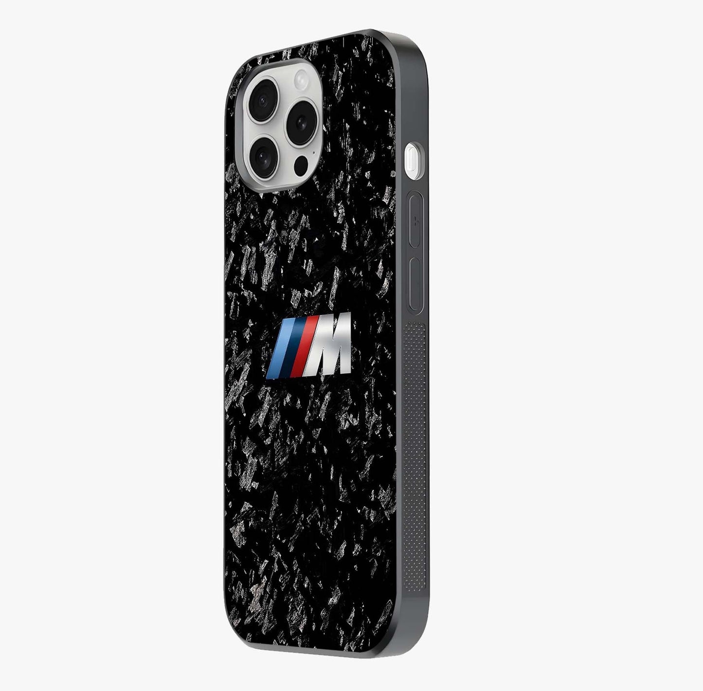Carbon Speed Mark Glass Case photographed in natural light showing reflective finish and design depth.