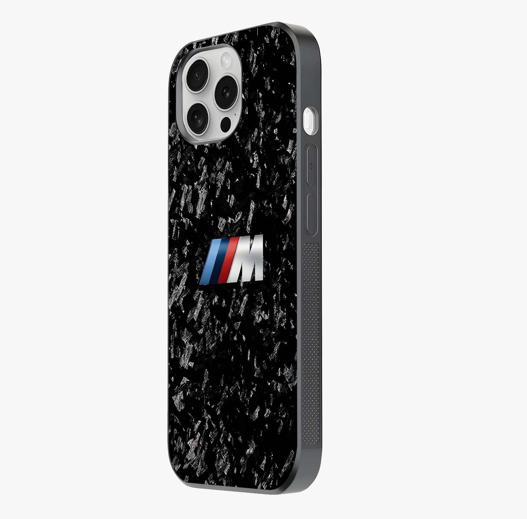 Carbon Speed Mark Glass Case photographed in natural light showing reflective finish and design depth.