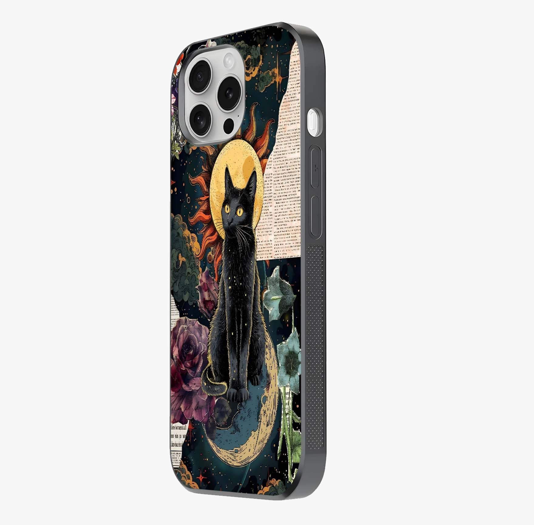 Celestial Black Cat Glass Case photographed in natural light showing reflective finish and design depth.