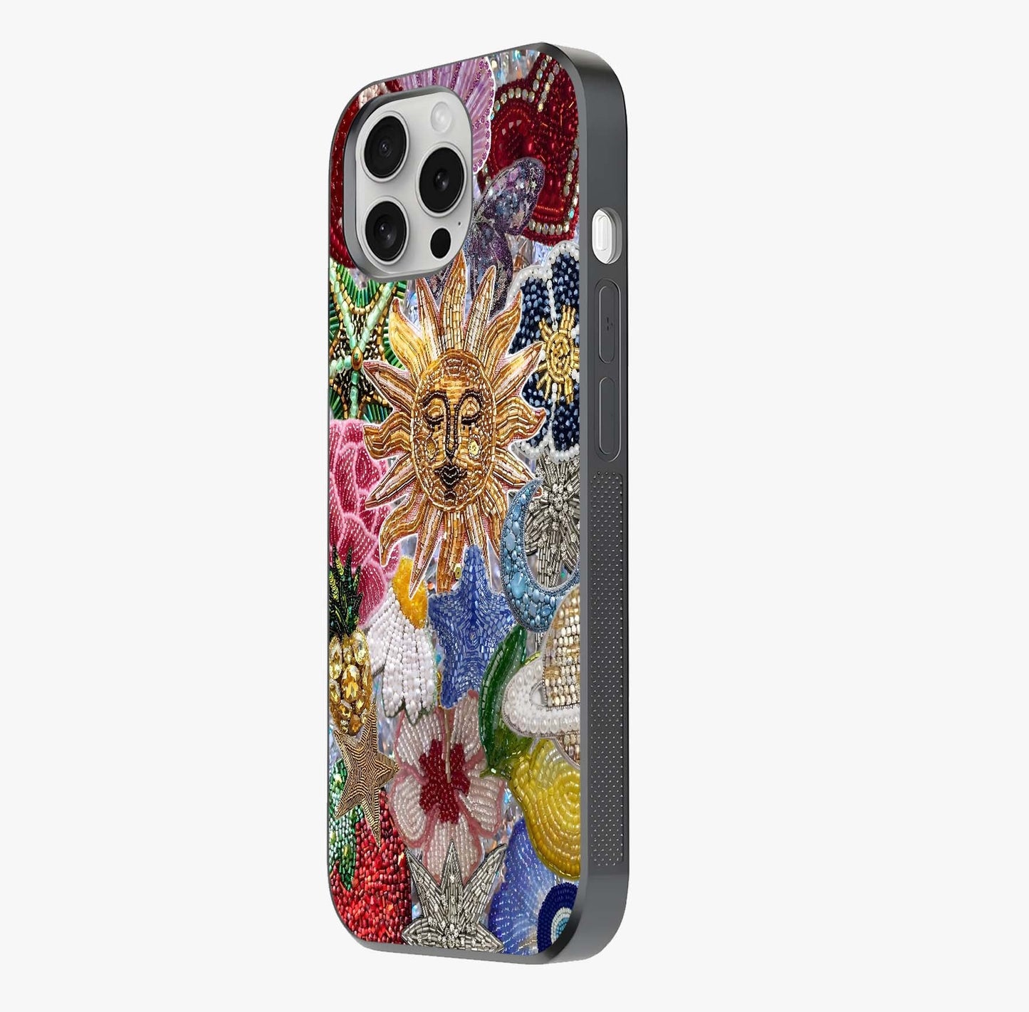Celestial Floral And Playful Glass Case photographed in natural light showing reflective finish and design depth.