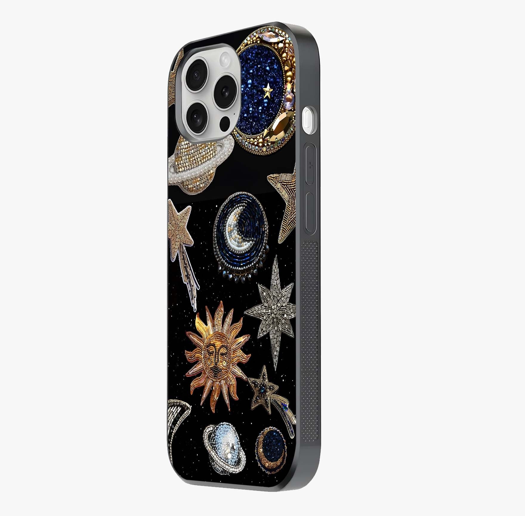 Celestial Gem Constellations Glass Case photographed in natural light showing reflective finish and design depth.