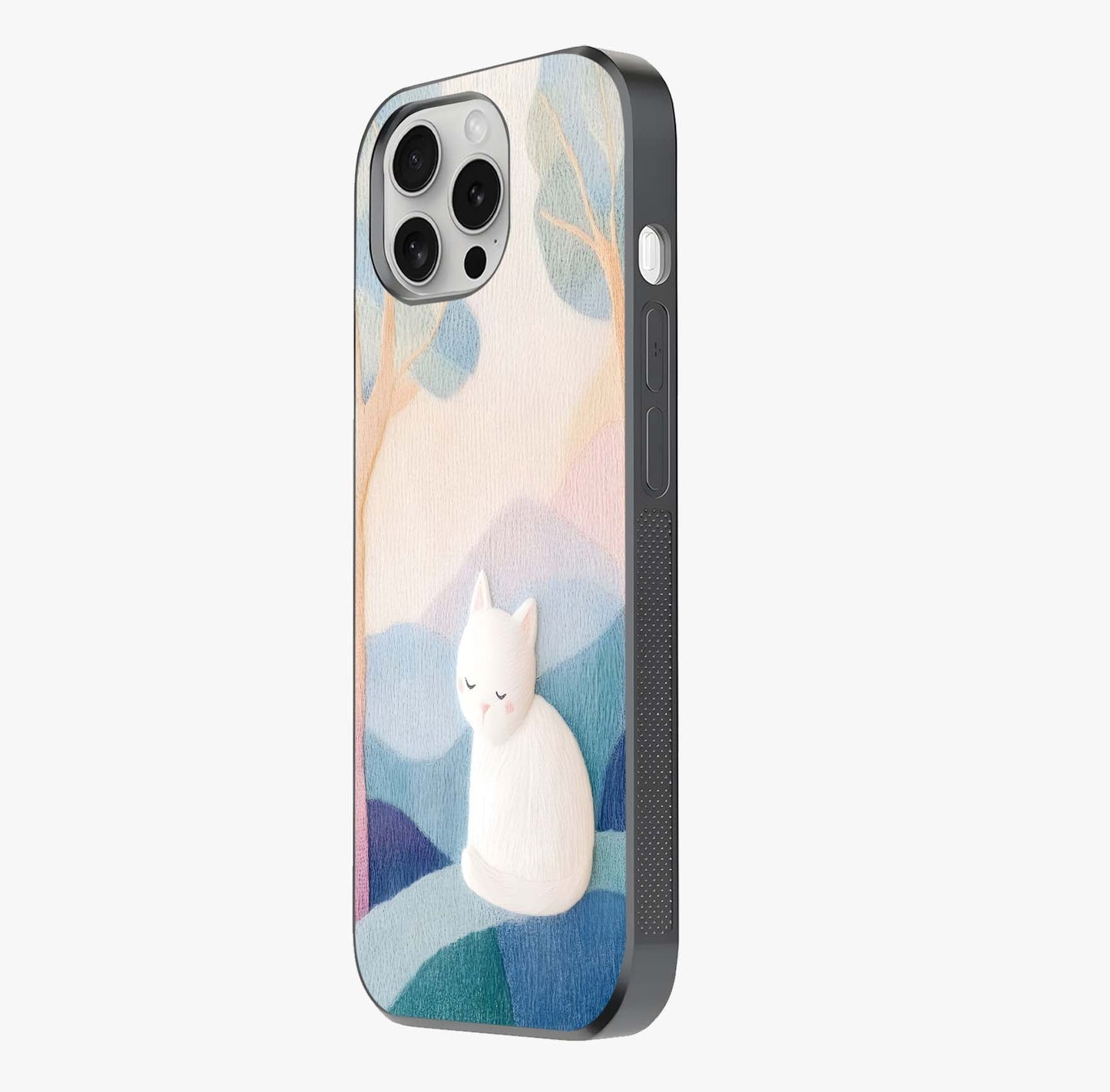 Cotton Dream Cat Glass Case photographed in natural light showing reflective finish and design depth.