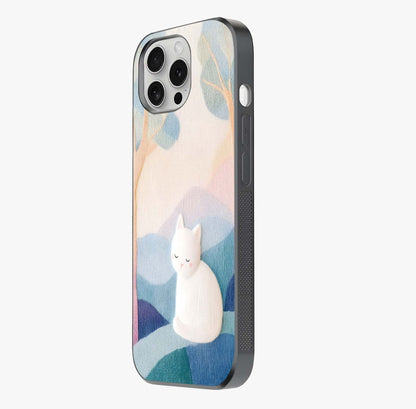 Cotton Dream Cat Glass Case photographed in natural light showing reflective finish and design depth.