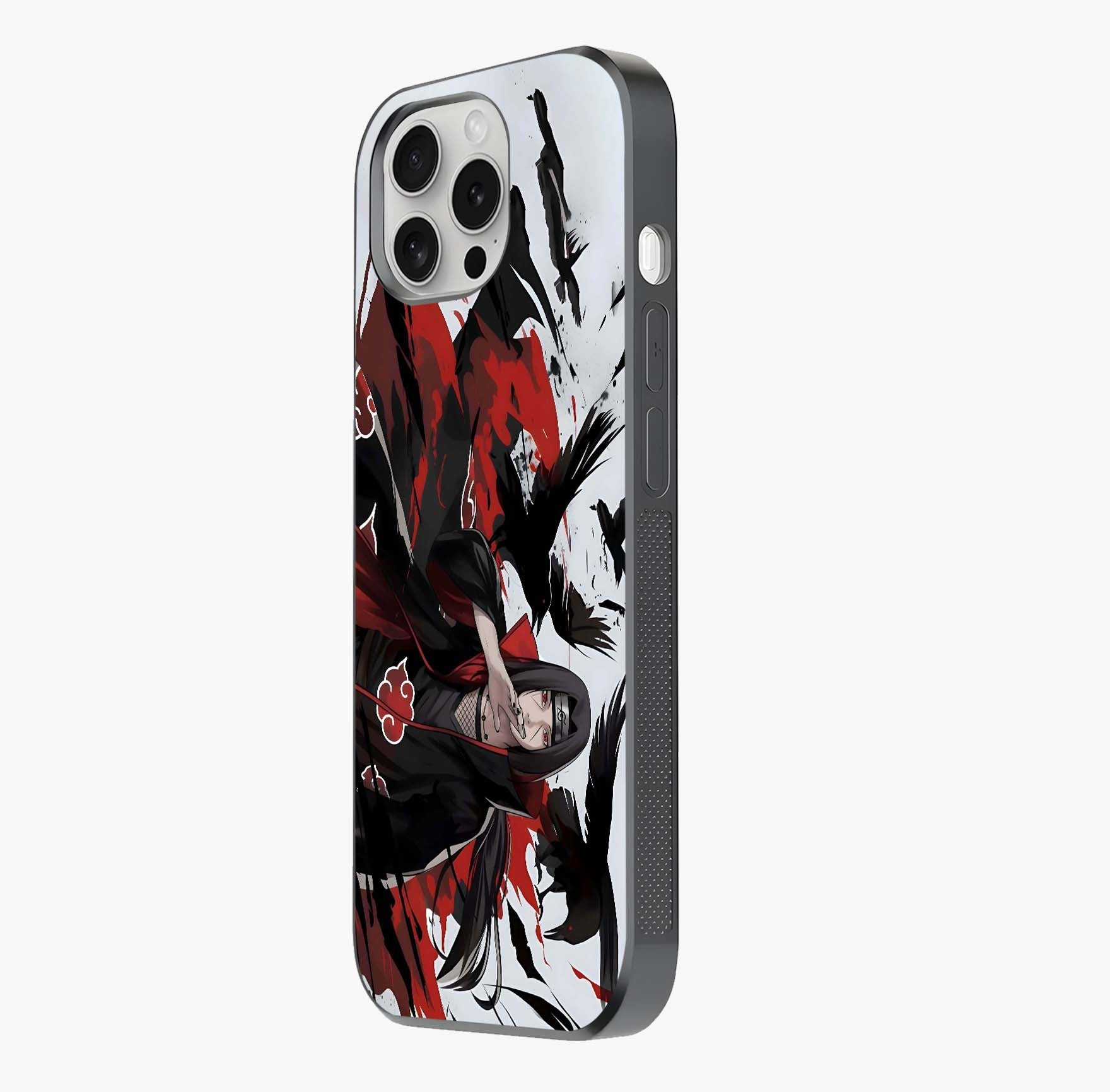 Crimson Crow Illusion Glass Case photographed in natural light showing reflective finish and design depth.
