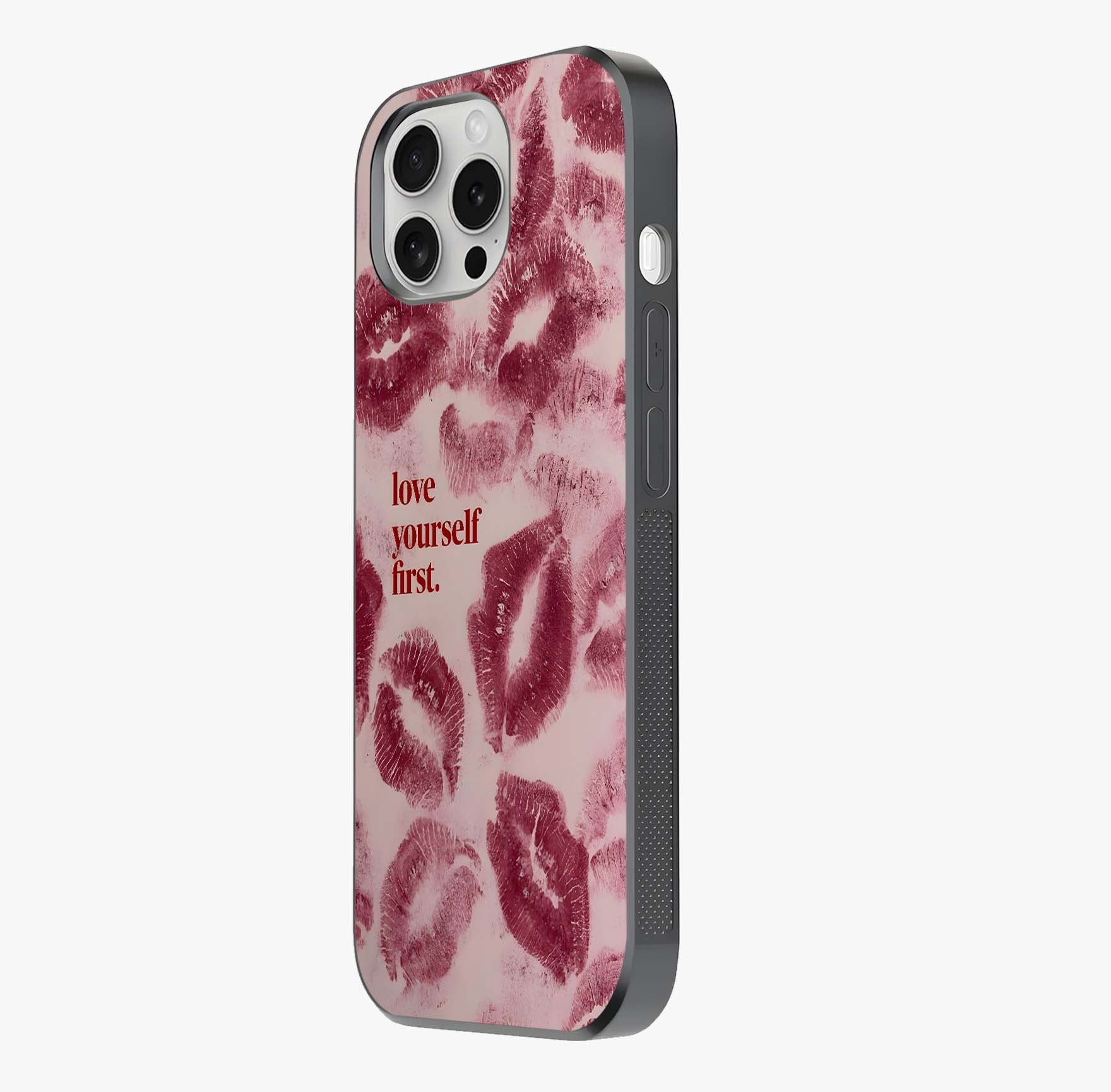 Crimson Kiss Love Glass Case photographed in natural light showing reflective finish and design depth.