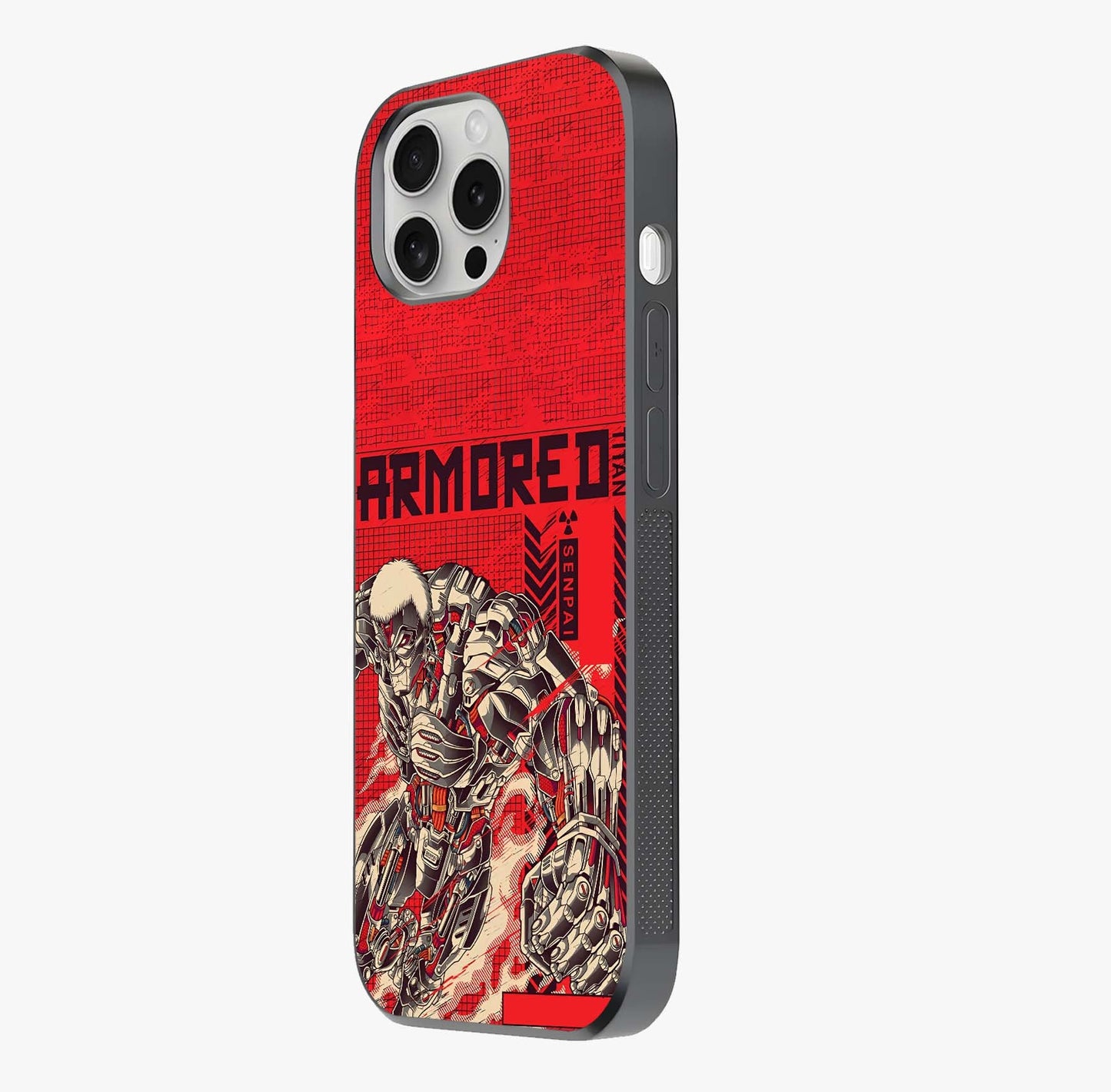 Crimson Mecha Titan Glass Case photographed in natural light showing reflective finish and design depth.