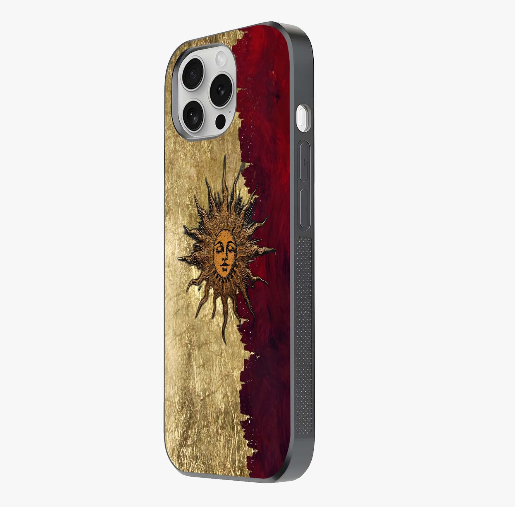 Crimson Sun Majesty Glass Case photographed in natural light showing reflective finish and design depth.