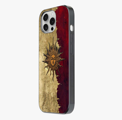 Crimson Sun Majesty Glass Case photographed in natural light showing reflective finish and design depth.