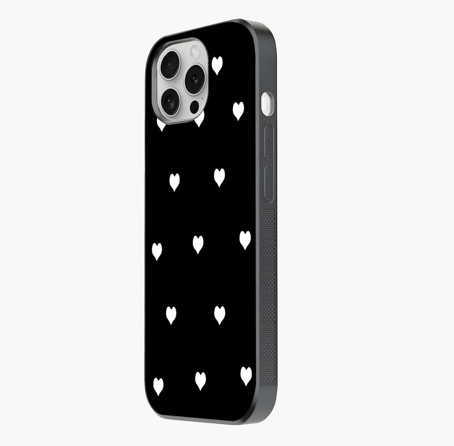 Cute And Simple White Hearts Glass Case photographed in natural light showing reflective finish and design depth.