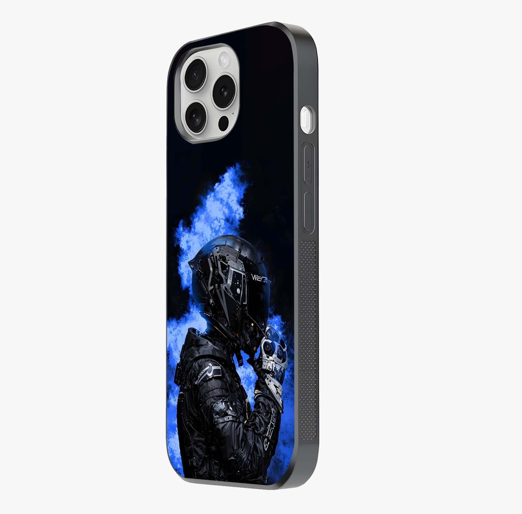 Cyber Sentinel Protocol Glass Case photographed in natural light showing reflective finish and design depth.
