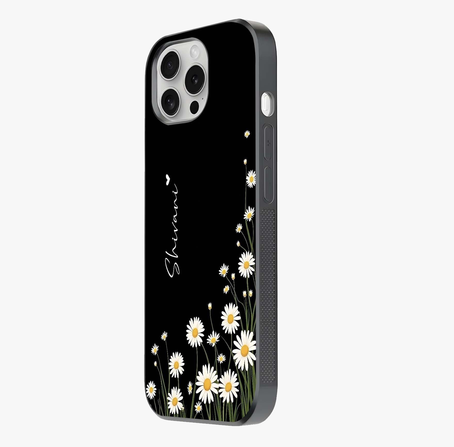 Daisy Cascade Custom Name Glass Case photographed in natural light showing reflective finish and design depth.
