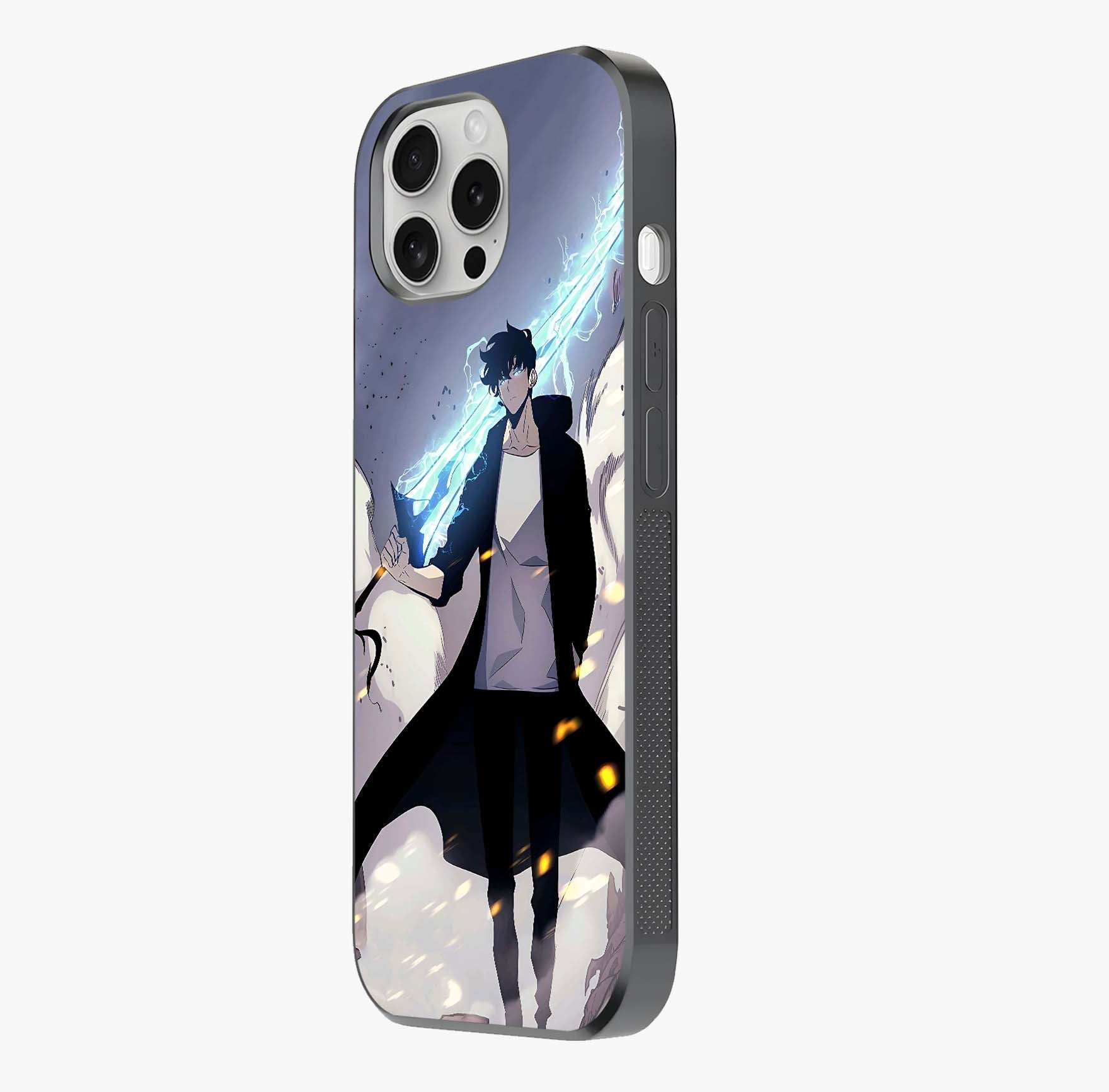 Dark Lightning Anime Warrior Glass Case photographed in natural light showing reflective finish and design depth.