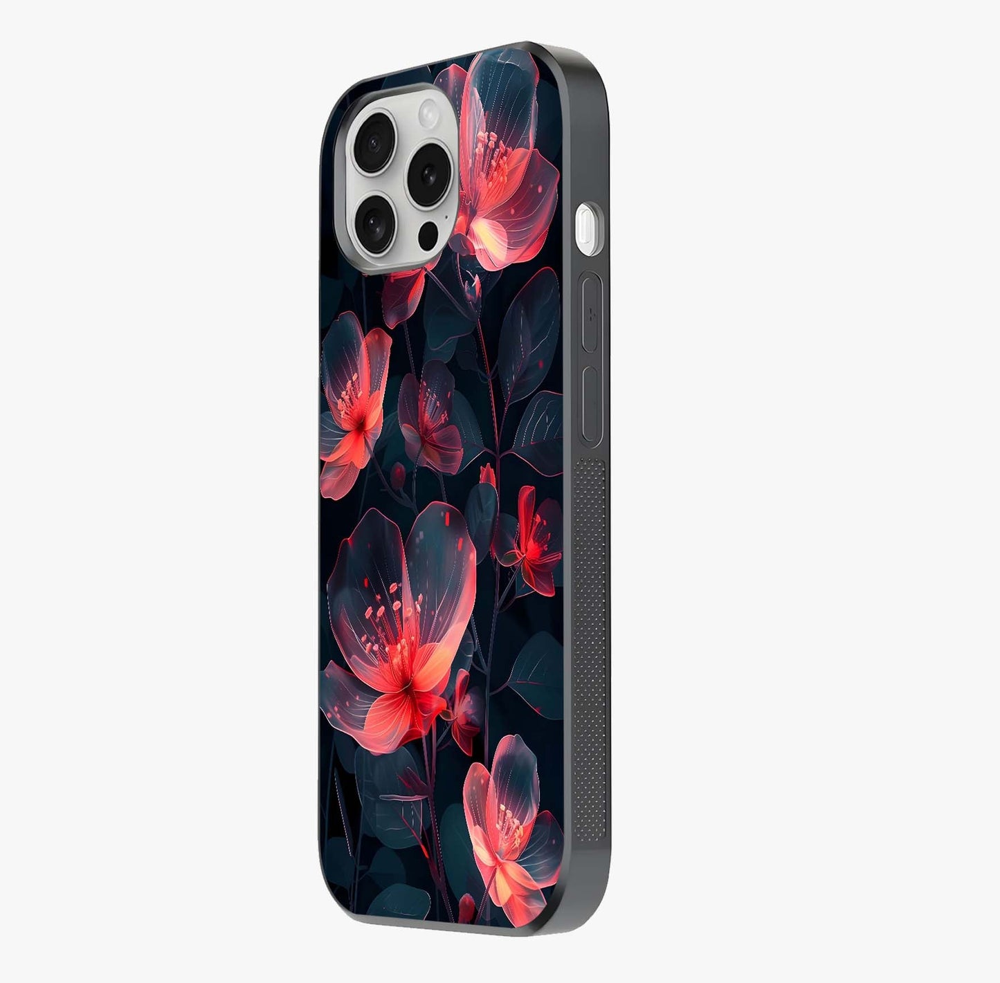 Dark Shade Of Flower Glass Case photographed in natural light showing reflective finish and design depth.
