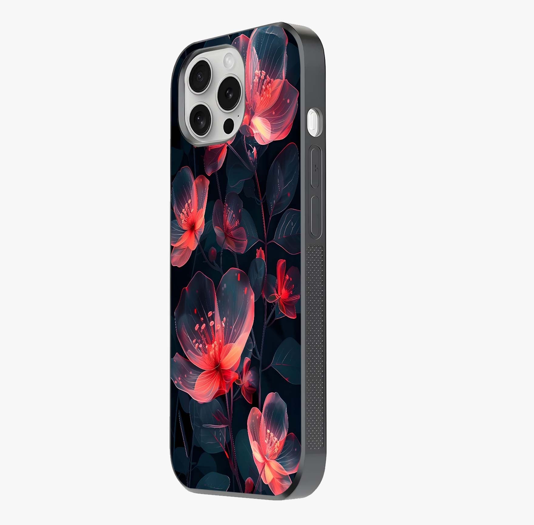 Dark Shade Of Flower Glass Case photographed in natural light showing reflective finish and design depth.