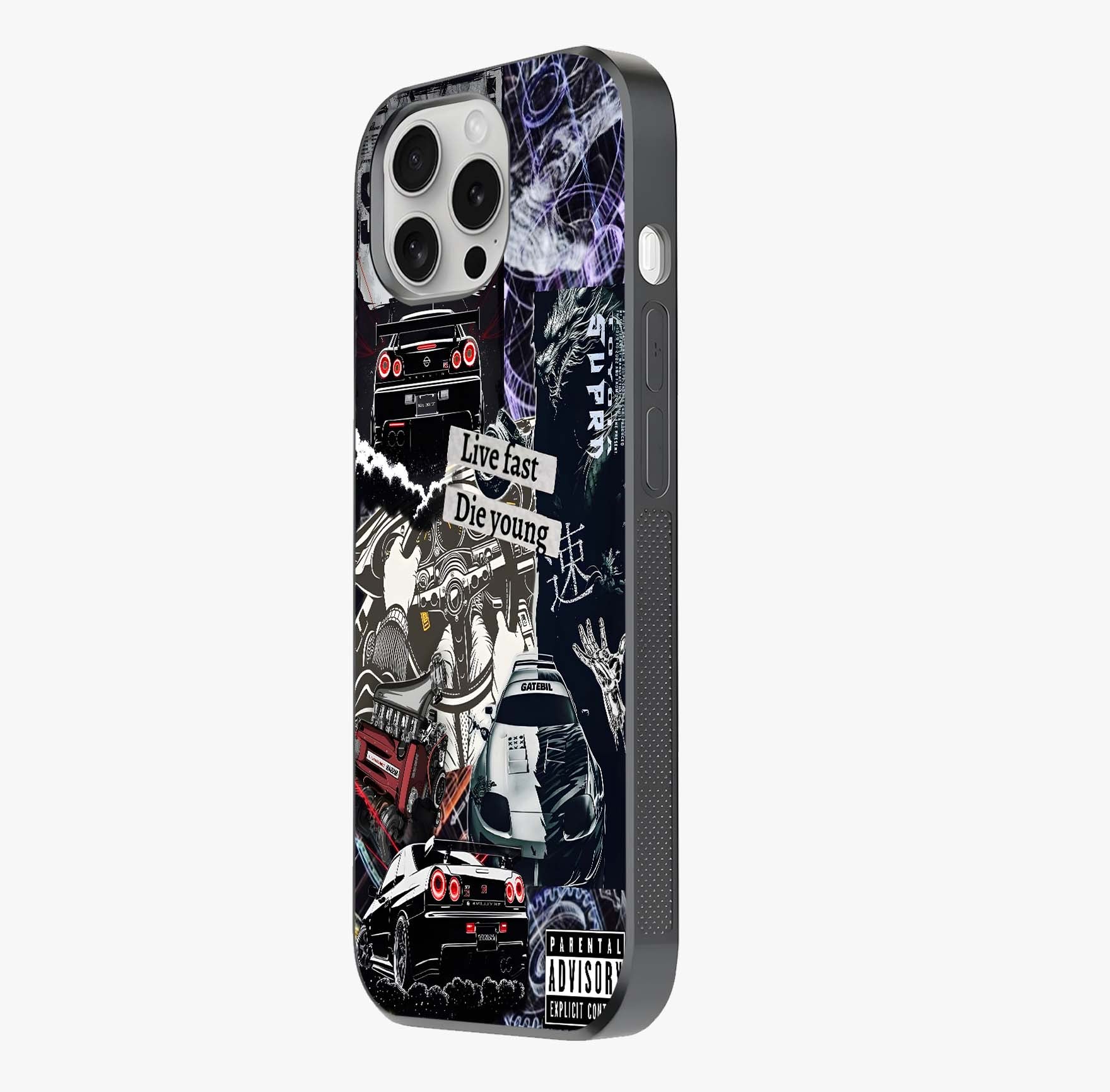 Die Young Glass Case photographed in natural light showing reflective finish and design depth.