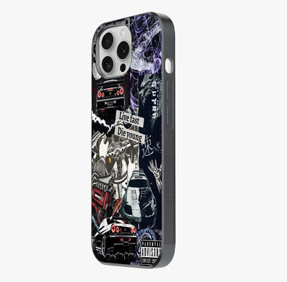 Die Young Glass Case photographed in natural light showing reflective finish and design depth.