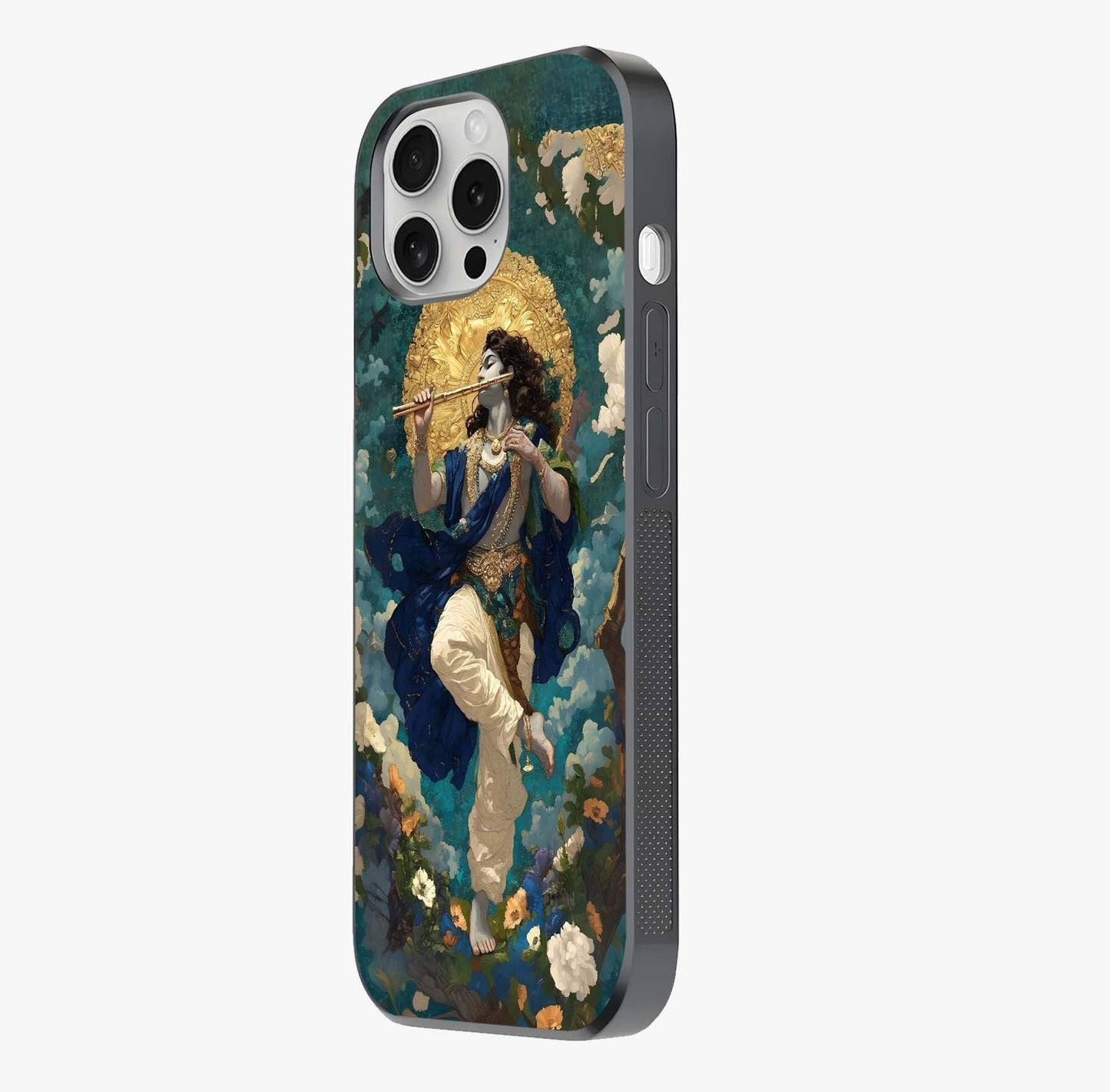 Divine Krishna Art Glass Case photographed in natural light showing reflective finish and design depth.