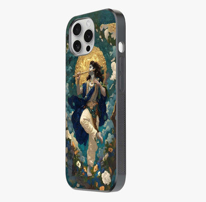 Divine Krishna Art Glass Case photographed in natural light showing reflective finish and design depth.