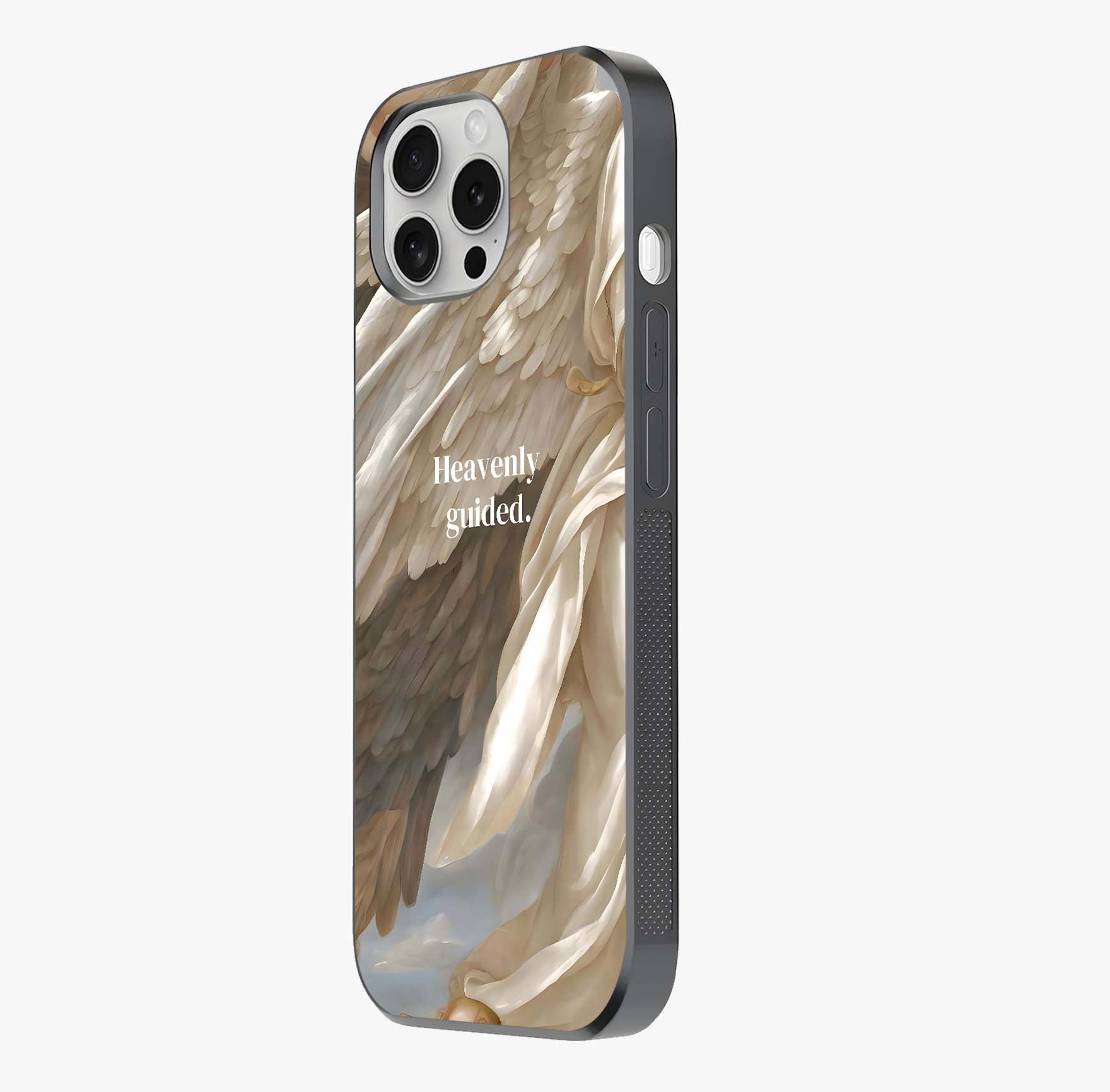 Divine Winged Grace Glass Case photographed in natural light showing reflective finish and design depth.