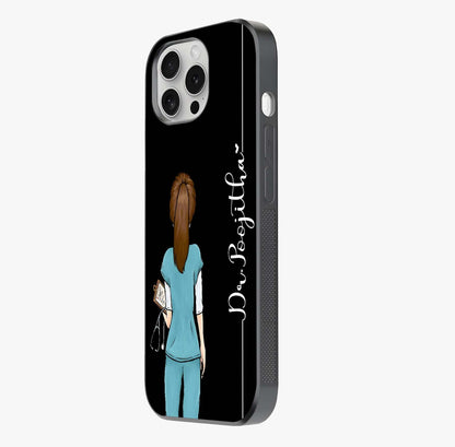 Doctor Pattern Custom Name Glass Case photographed in natural light showing reflective finish and design depth.